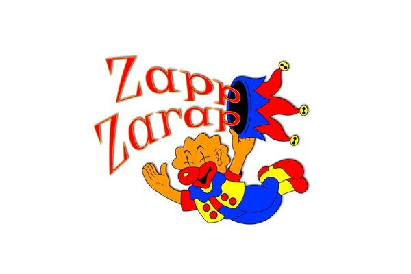 Buntes Clown-Logo mit Namen „Zapp Zarap“ und einem fröhlichen Clown, der einen Zauberhut hält.