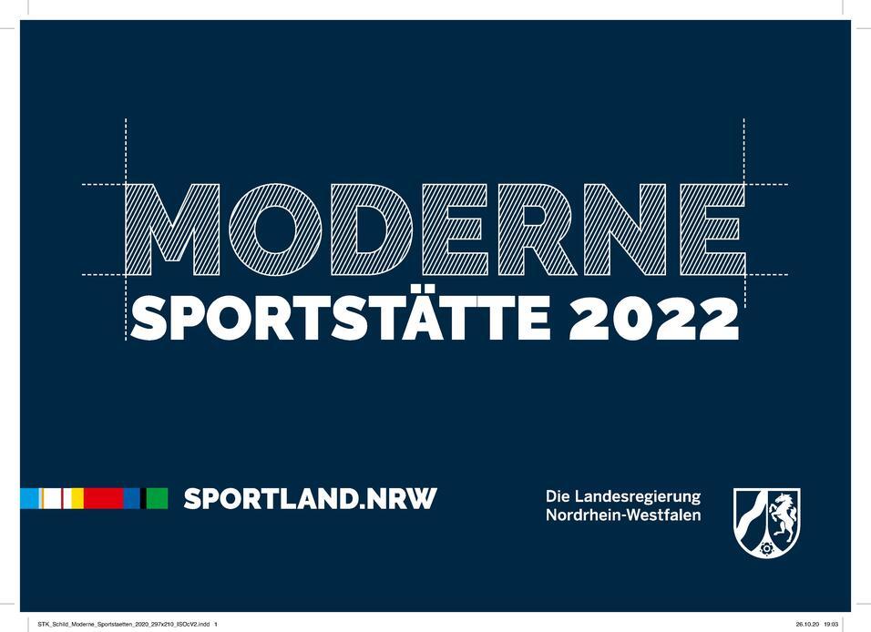 Grafik mit dem Text "MODERNE SPORTSTÄTTE 2022", Logo von SPORTLAND.NRW und Landesregierung Nordrhein-Westfalen.