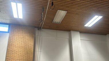 Blick in eine Sporthalle mit Holzdecken, Seilzügen und Holzgeräten an der Wand. Helle Beleuchtung sorgt für gute Sicht.