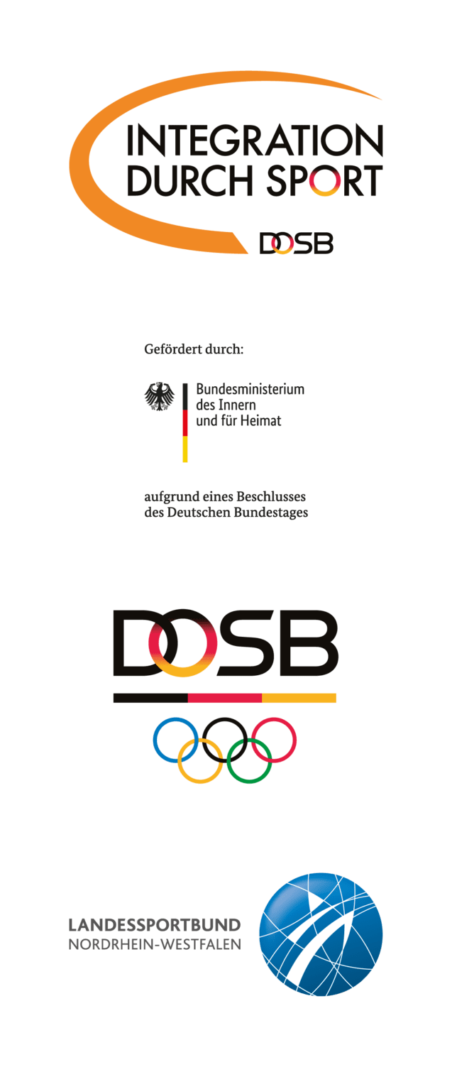 Logo des Projekts „Integration durch Sport“ mit Förderhinweisen und Verbandslogos.