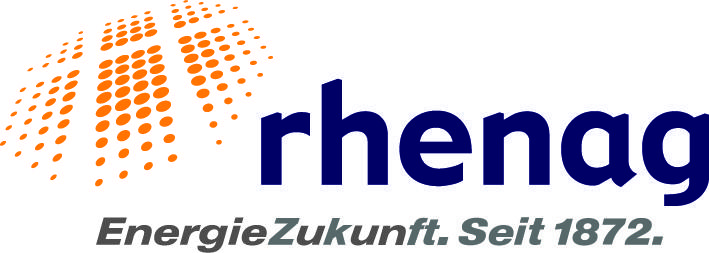 Logo der rhenag mit grafischen Punkten und Slogan „EnergieZukunft. Seit 1872.“ in blauer Schrift.