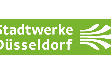 Logo der Stadtwerke D&uuml;sseldorf mit wei&szlig;em Text auf gr&uuml;nem Hintergrund, zeigt den Firmennamen und grafische Elemente.