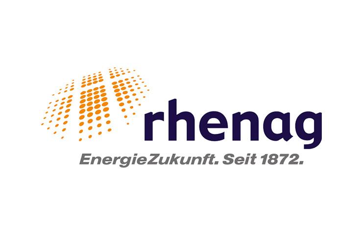 Logo der rhenag mit orangefarbenen Punkten und dem Slogan „EnergieZukunft. Seit 1872.“ in dunkler Schrift.