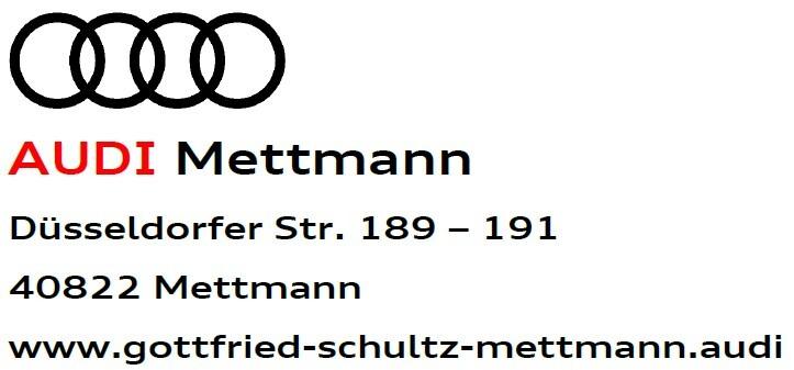 Logo von AUDI mit dem Schriftzug „AUDI Mettmann“, Adresse und Website in klarer, lesbarer Schrift.