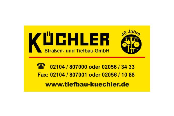 Logo der Firma Küchler, Straßen- und Tiefbau GmbH, mit Kontaktdaten und dem Hinweis auf 40 Jahre Firmengeschichte.