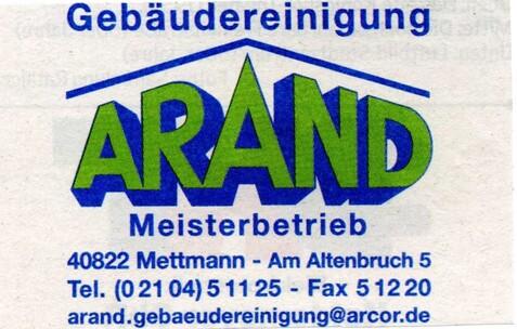 Visitenkarte der Geb&auml;udereinigung Arand mit Kontaktdaten und Standort in Mettmann.