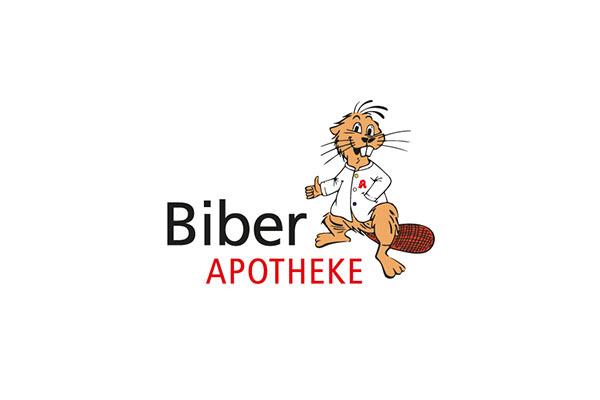 Logo der „Biber Apotheke“ mit einem Cartoon-Biber in weißem Kittel, der lächelt und den Daumen hebt.