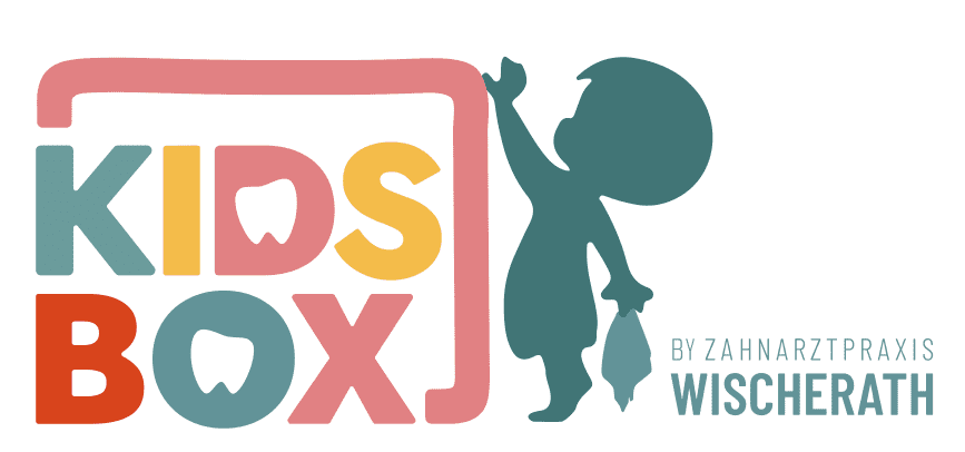 Logo der Zahnarztpraxis Wischerath mit dem Schriftzug "Kids Box" und einer silhouette eines Kindes, das die Wand berührt.