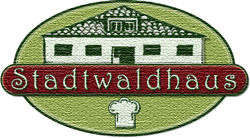 Logo des Stadtwaldhauses mit einem stilisierten Haus und einem Kochhut, umgeben von einem grünen Kreis und rotem Schriftzug.