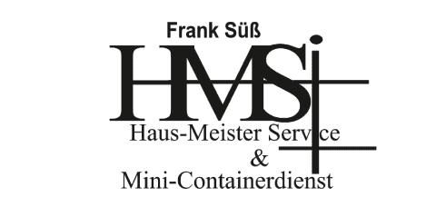 Logo von Frank Süß, Haus-Meister Service und Mini-Containerdienst, mit stilisierten Buchstaben HMS und grafischen Elementen.