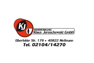 Logo der Firma Klaus Jeroschewski GmbH für Rohrreinigung mit Adresse und Telefonnummer.