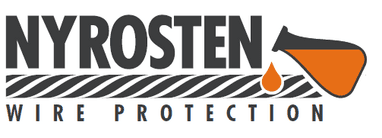 Logo von Nyrosten Wire Protection mit einem Tropfen und einer stilisierten Flasche über einem Kabel.