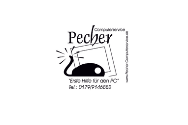 Logo des Computerservice Pecher mit einer stilisierten Computermaus und dem Slogan „Erste Hilfe für den PC“.