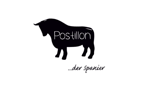 Silhouette eines Stieres mit dem Schriftzug &bdquo;Postillon&ldquo; in der Mitte und &bdquo;...der Spanier&ldquo; darunter.