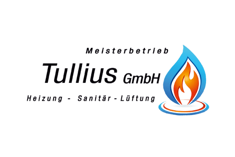 Logo der Tullius GmbH, Meisterbetrieb f&uuml;r Heizung, Sanit&auml;r und L&uuml;ftung, mit stilisiertem Wasser- und Flammensymbol.