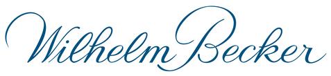 Schriftzug &bdquo;Wilhelm Becker&ldquo; in eleganter, blauer Schreibschrift auf wei&szlig;em Hintergrund.
