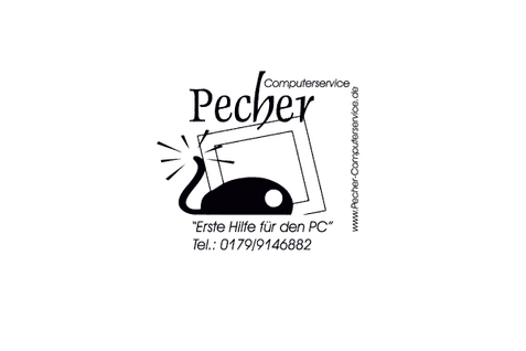 Logo des Computerservice Pecher mit einer stilisierten Computermaus und dem Slogan &bdquo;Erste Hilfe f&uuml;r den PC&ldquo;.