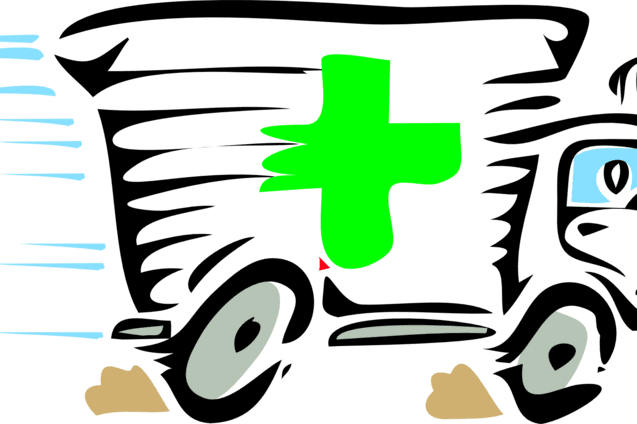 Illustration eines Krankenwagens mit grünem Kreuz, der schnell fährt, dargestellt durch dynamische Linien und Farben.
