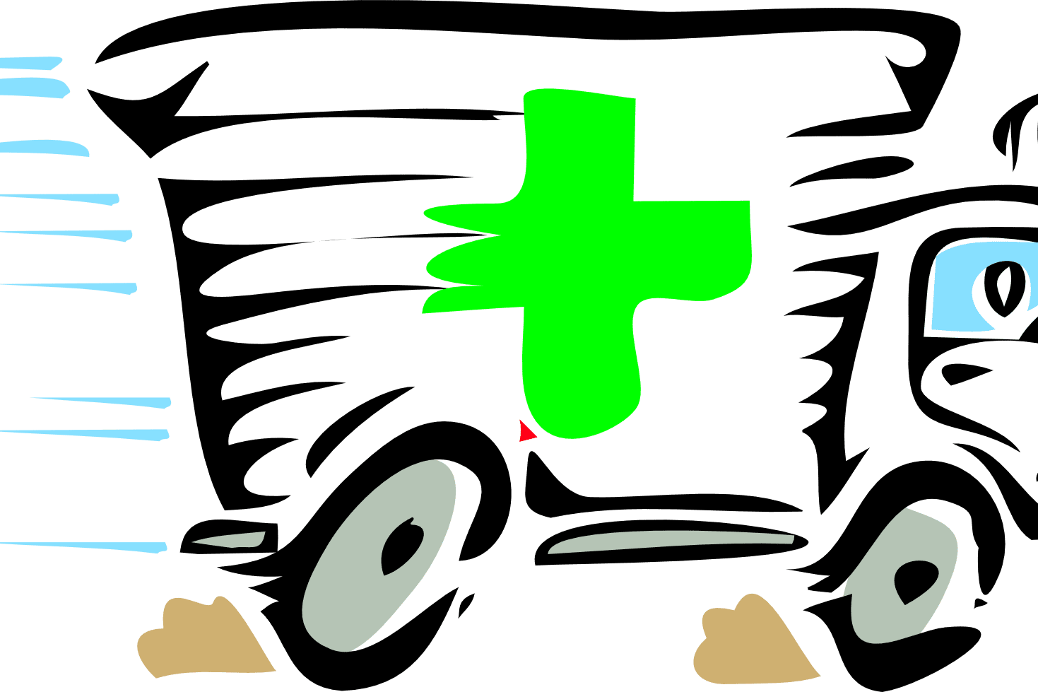 Illustration eines Krankenwagens mit grünem Kreuz, der schnell fährt, dargestellt durch dynamische Linien und Farben.