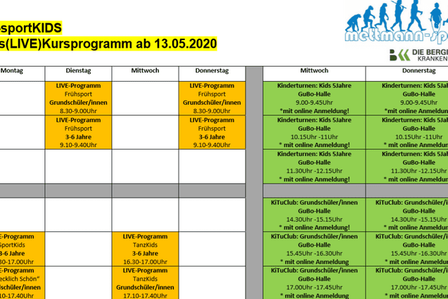 Kursprogramm f&uuml;r Kinder mit Zeiten und Aktivit&auml;ten in einer tabellarischen &Uuml;bersicht.