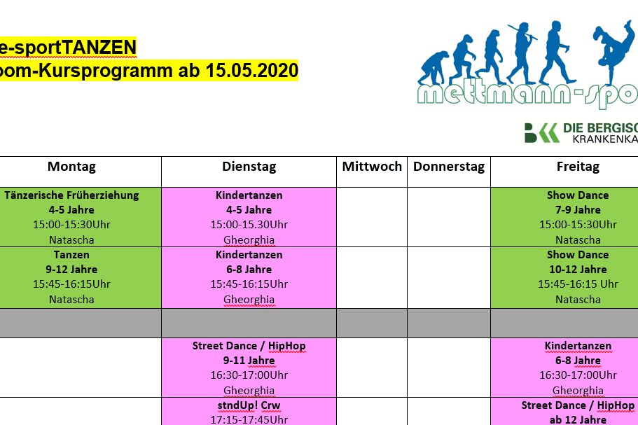 Kursübersicht für Tanzangebote bei Mettmann-Sport, gültig ab 15. Mai 2020, geordnet nach Wochentagen.