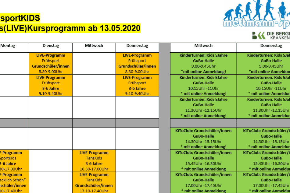 Kursprogramm f&uuml;r Kinder mit Zeiten und Aktivit&auml;ten in einer tabellarischen &Uuml;bersicht.