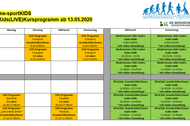 Kursprogramm für Kinder mit Zeiten und Aktivitäten in einer tabellarischen Übersicht.