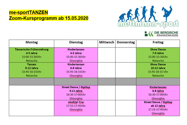 Kursübersicht für Tanzangebote bei Mettmann-Sport, gültig ab 15. Mai 2020, geordnet nach Wochentagen.