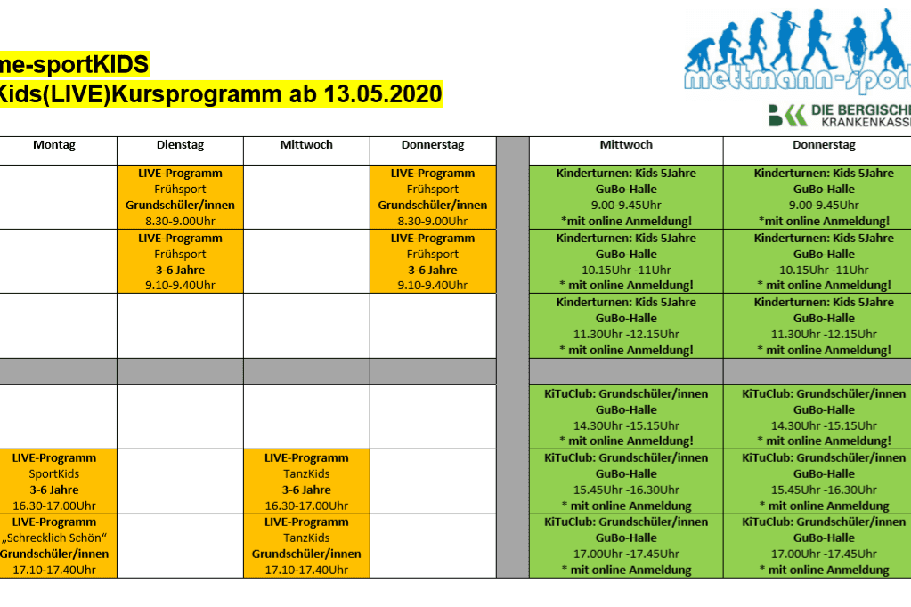 Kursprogramm für Kinder mit Zeiten und Aktivitäten in einer tabellarischen Übersicht.