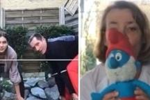 Zwei Personen im Freien bei einer &Uuml;bung, w&auml;hrend eine Frau in Innenr&auml;umen eine Stofffigur eines Schl&uuml;mpfe h&auml;lt.