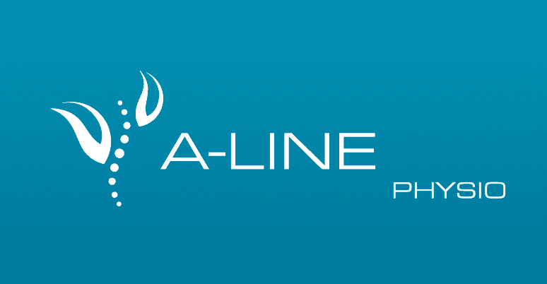 Logo der Physiotherapiepraxis A-LINE mit stilisierten Blättern und Wirbelsäule auf blauem Hintergrund.