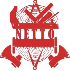 Logo mit dem Text „NETTO“ in Rot, umgeben von einer Holzschnittgrafik und verschiedenen Werkzeugen.