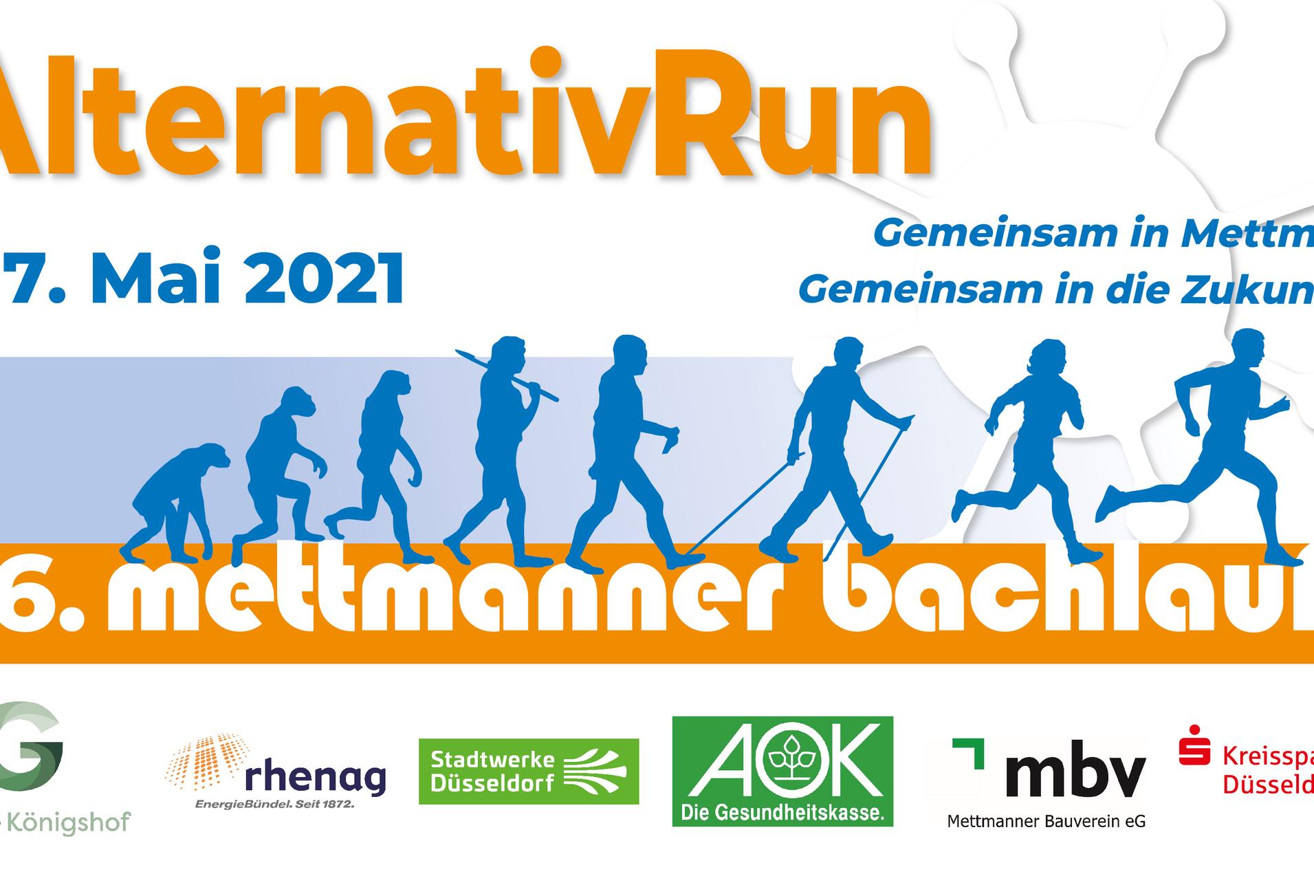 Logo und Informationen zum AlternativRun in Mettmann vom 1. bis 7. Mai 2021 mit Silhouetten von Läufern.