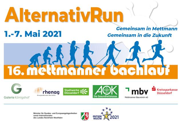 Logo und Informationen zum AlternativRun in Mettmann vom 1. bis 7. Mai 2021 mit Silhouetten von Läufern.