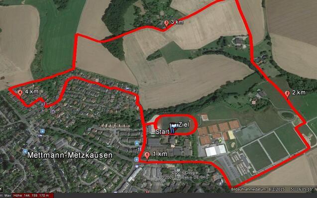 Karte mit einem rot umrandeten 4-km-Wanderweg durch Mettmann-Metzkausen und Höhenprofil des Trails.