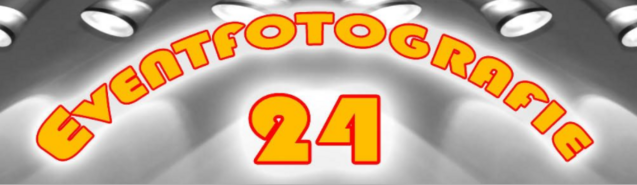 Logo von "Eventfotografie 24" mit roter Schrift auf grauem Hintergrund und Lichtspot-Elementen.
