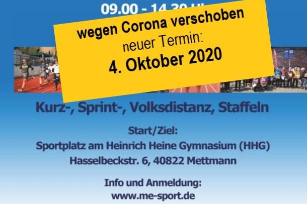Plakat zum 18. Mettmann Duathlon mit neuem Termin 4. Oktober 2020, aufgrund von Corona-Verschiebung.