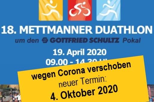 Plakat zum 18. Mettmann Duathlon mit neuem Termin 4. Oktober 2020, aufgrund von Corona-Verschiebung.