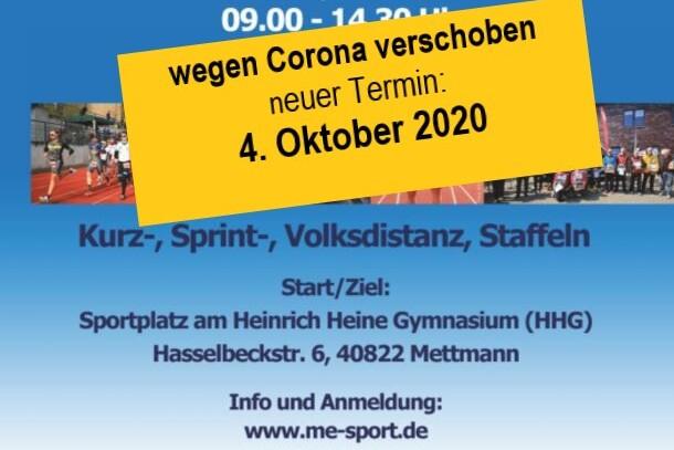 Plakat zum 18. Mettmann Duathlon mit neuem Termin 4. Oktober 2020, aufgrund von Corona-Verschiebung.