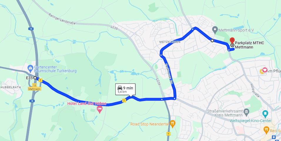 Wegbeschreibung von Hotel Land Gut H&ouml;hne zum Parkplatz MTHC in Mettmann, 5,4 km, etwa 9 Minuten Fahrtzeit.