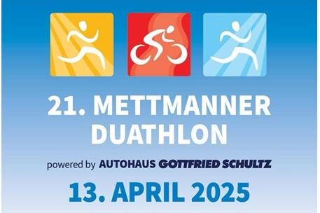 Grafik zum 21. Mettmann Duathlon am 13. April 2025, mit Symbolen für Laufen, Radfahren und Triathlon.