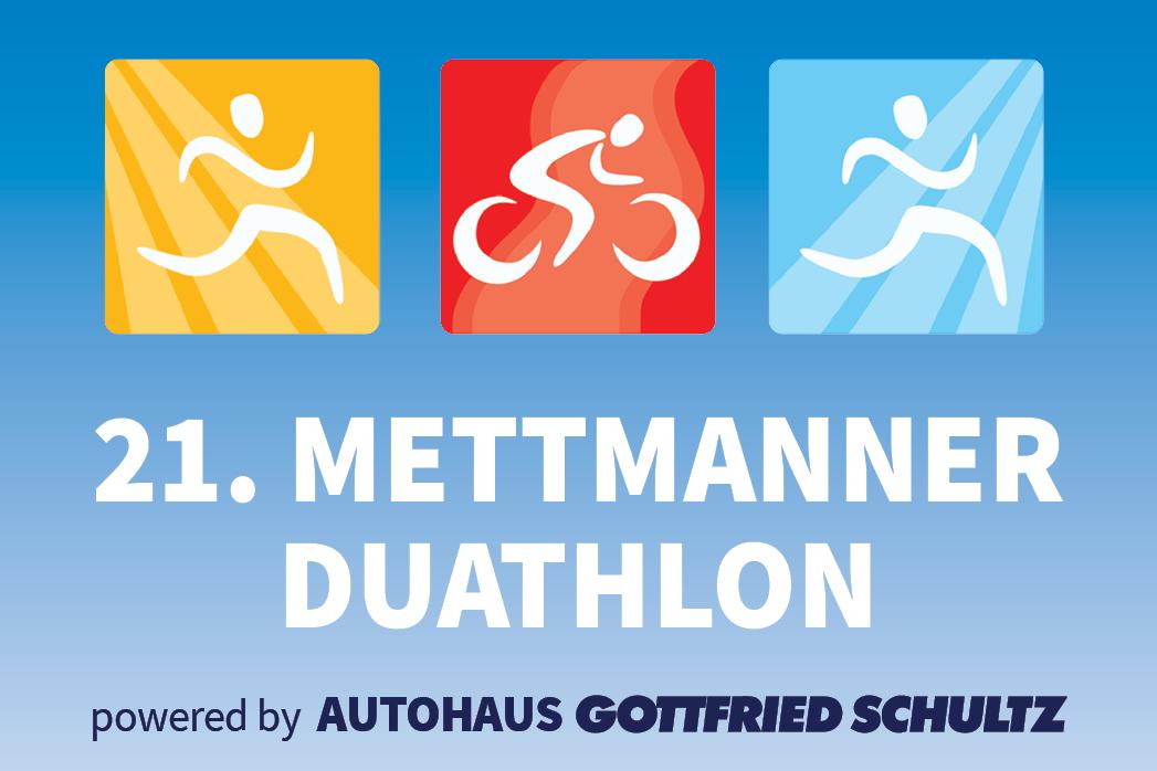 Grafik f&uuml;r den 21. Mettmanner Duathlon am 13. April 2025 mit Icons f&uuml;r Laufen und Radfahren.