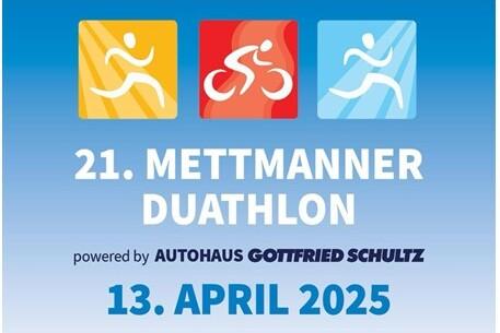 Grafik zum 21. Mettmann Duathlon am 13. April 2025, mit Symbolen für Laufen, Radfahren und Triathlon.