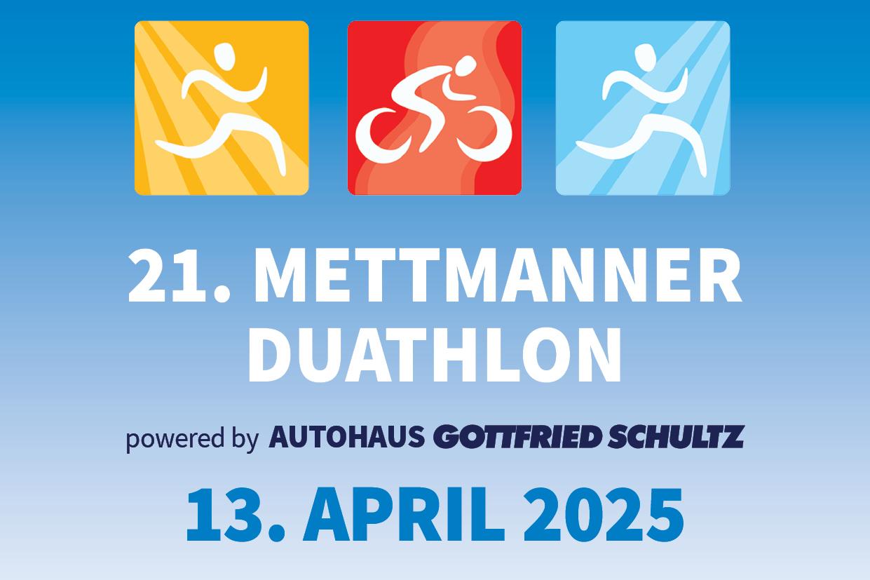 Grafik für den 21. Mettmanner Duathlon am 13. April 2025 mit Icons für Laufen und Radfahren.