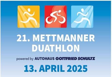 Grafik zum 21. Mettmann Duathlon am 13. April 2025, mit Symbolen für Laufen, Radfahren und Triathlon.