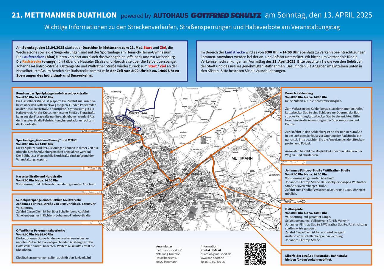 Informationsblatt zum 21. Mettmanner Duathlon mit Streckenplänen und Hinweisen zu Straßensperrungen und Verkehrsregelungen.