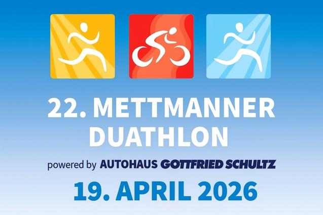 Logo f&uuml;r den 22. Mettmanner Duathlon am 19. April 2026 mit Symbolen f&uuml;r Laufen, Radfahren und Wechsel.