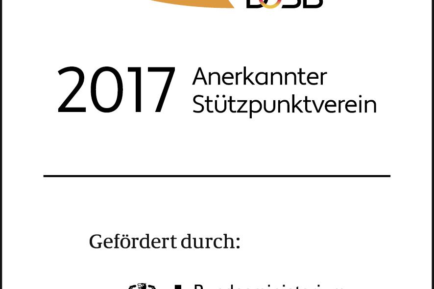 Logo „Integration durch Sport“ des DOSB, mit dem Jahr 2017 und der Aufschrift „Anerkannter Stützpunktverein“.