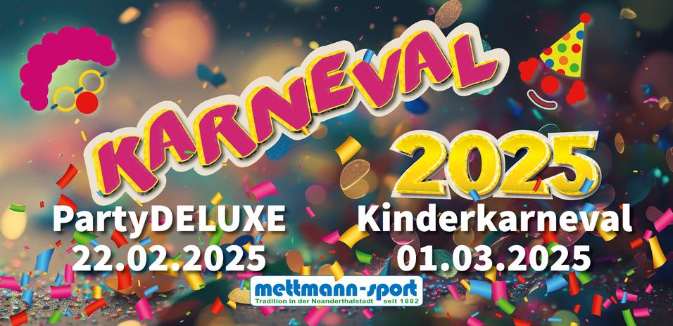 Bunt gestaltetes Karnevalsplakat mit Informationen zu Veranstaltungen am 22.02.2025 und 01.03.2025.