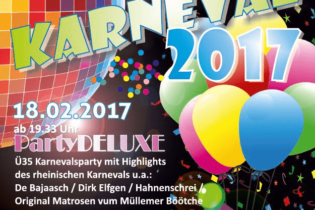 Bunt gestaltetes Plakat für die Karnevalsparty 2017 mit Informationen zu Datum, Veranstaltungsort und Künstlern.